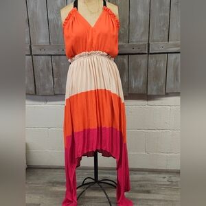 Strut & Bo High‎ Low Halter Dress Size Large Summer Flare Orange Cream Pink